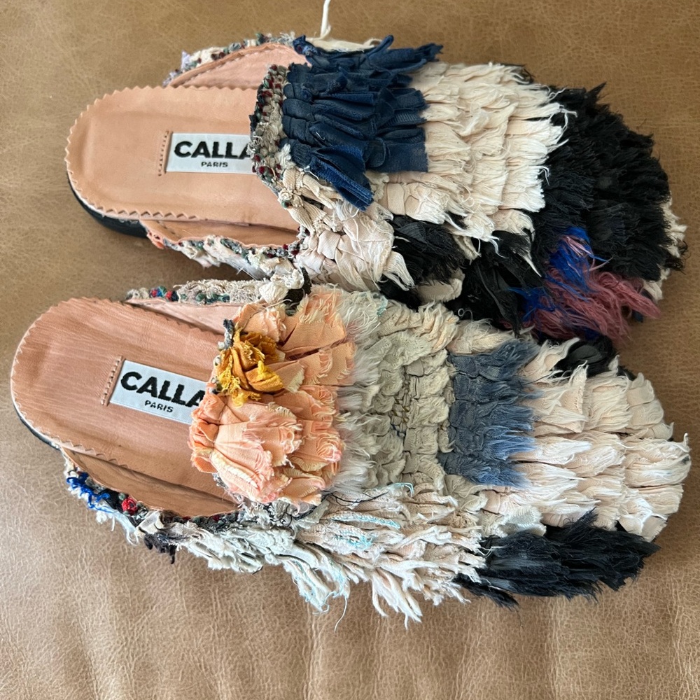 CALLA Paris Baboushka Multicolor Fringed Slide Mules - Cream/Black/Pink